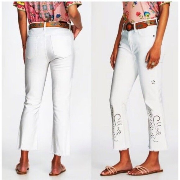 Johnny Was The Cropped Baby Boot Jeans Eyelet Pashmina White Boho Women's 28 - Picture 1 of 14